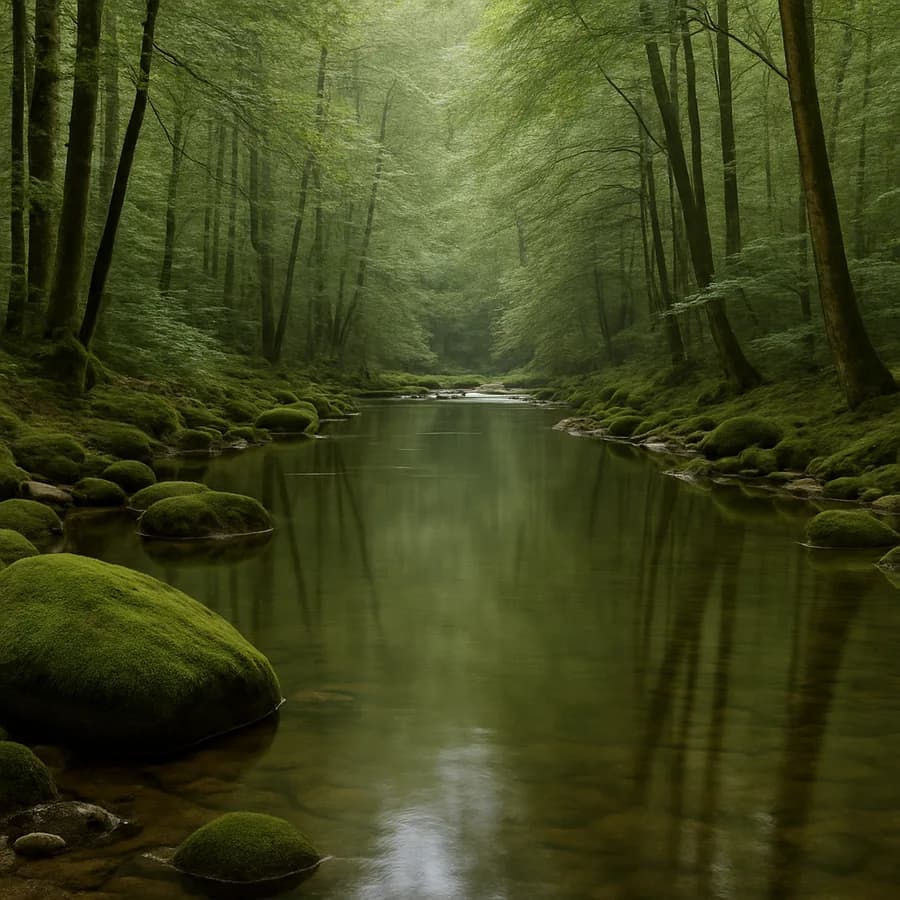 A clear stream running steadily through quiet forest