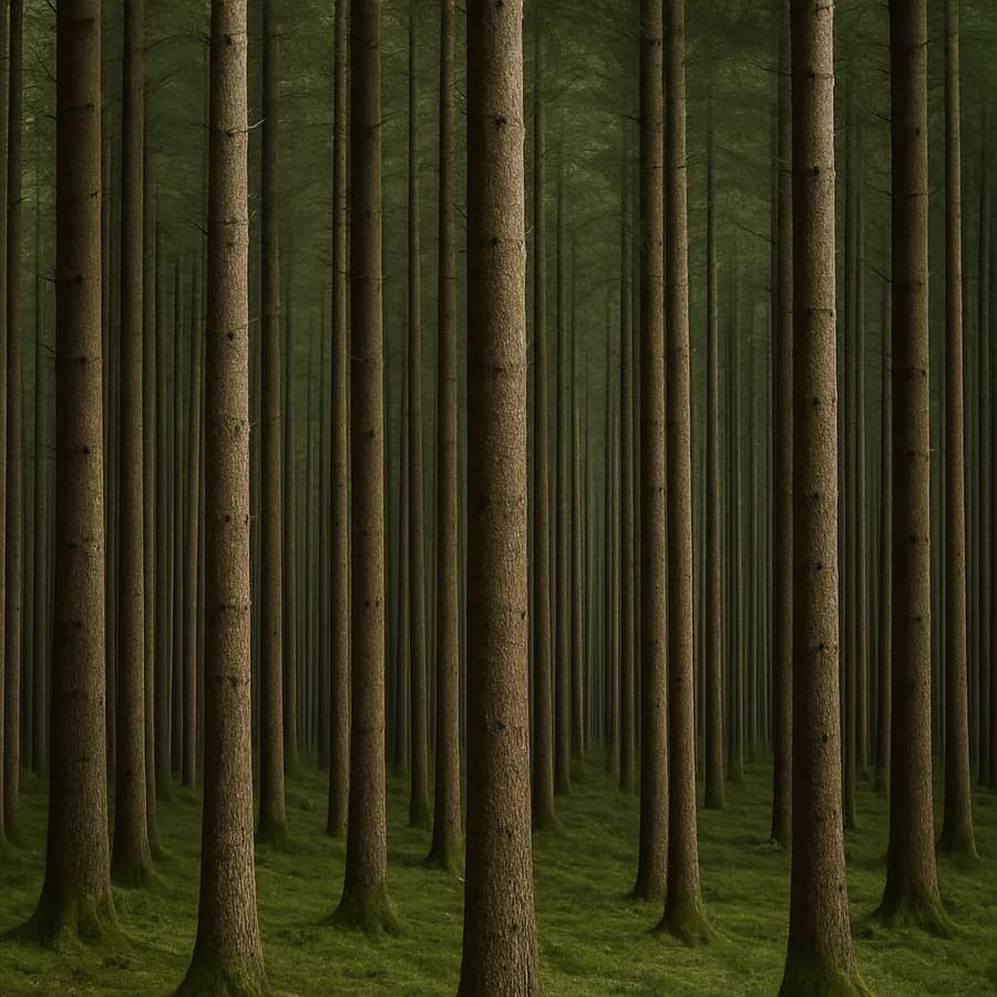Tall, evenly spaced forest trunks in ordered rhythm