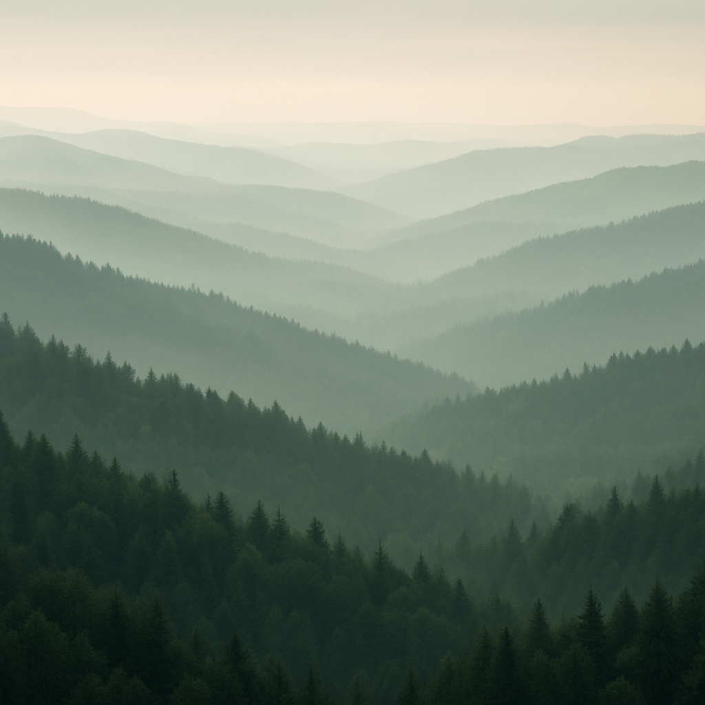 Layered forested ridgelines receding into mist